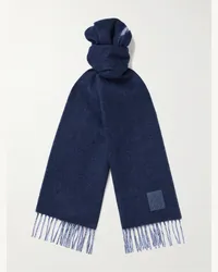 Loewe Sciarpa in misto lana e cashmere con logo applicato e frange Blu