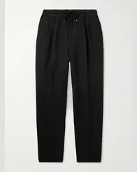 Brunello Cucinelli Pantaloni a gamba dritta in twill di lino con pinces e coulisse Nero