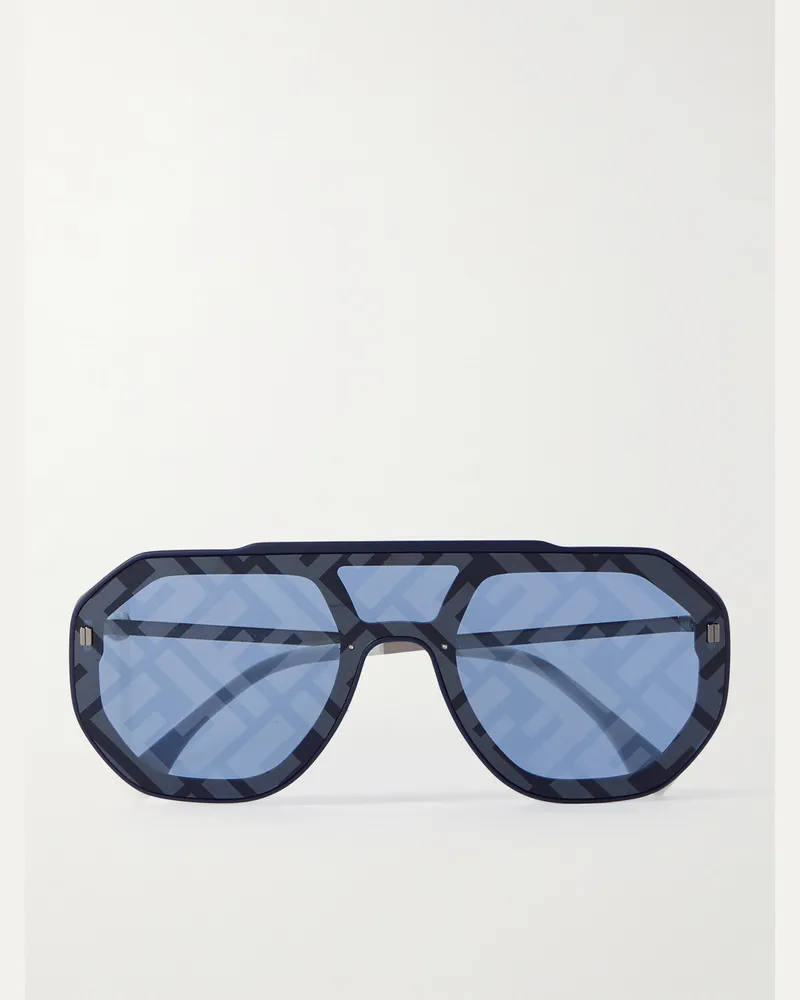 Fendi Occhiali da sole in metallo argentato e acetato stile aviator con logo Blu
