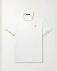 Versace Polo in cotone piqué con righe e logo ricamato Bianco