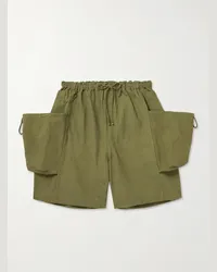 STORY mfg. Shorts a gamba larga in cotone biologico fiammato con ricamo e coulisse Salt Verde