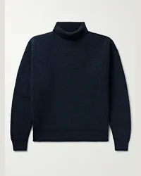 Loro Piana Pullover a collo alto in misto cashmere e mohair a coste Blu