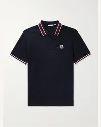 Moncler Polo in cotone piqué con righe e logo applicato Blu