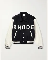 RHUDE Bomber in lana e pelle con logo applicato Collegiate Nero