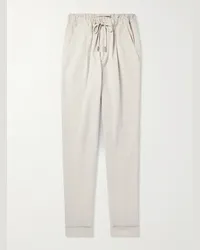 Thom Sweeney Pantaloni a gamba dritta in twill di misto cotone con coulisse e pinces Neutri