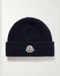 Moncler Berretto in misto lana vergine e cashmere punto waffle con logo applicato Blu