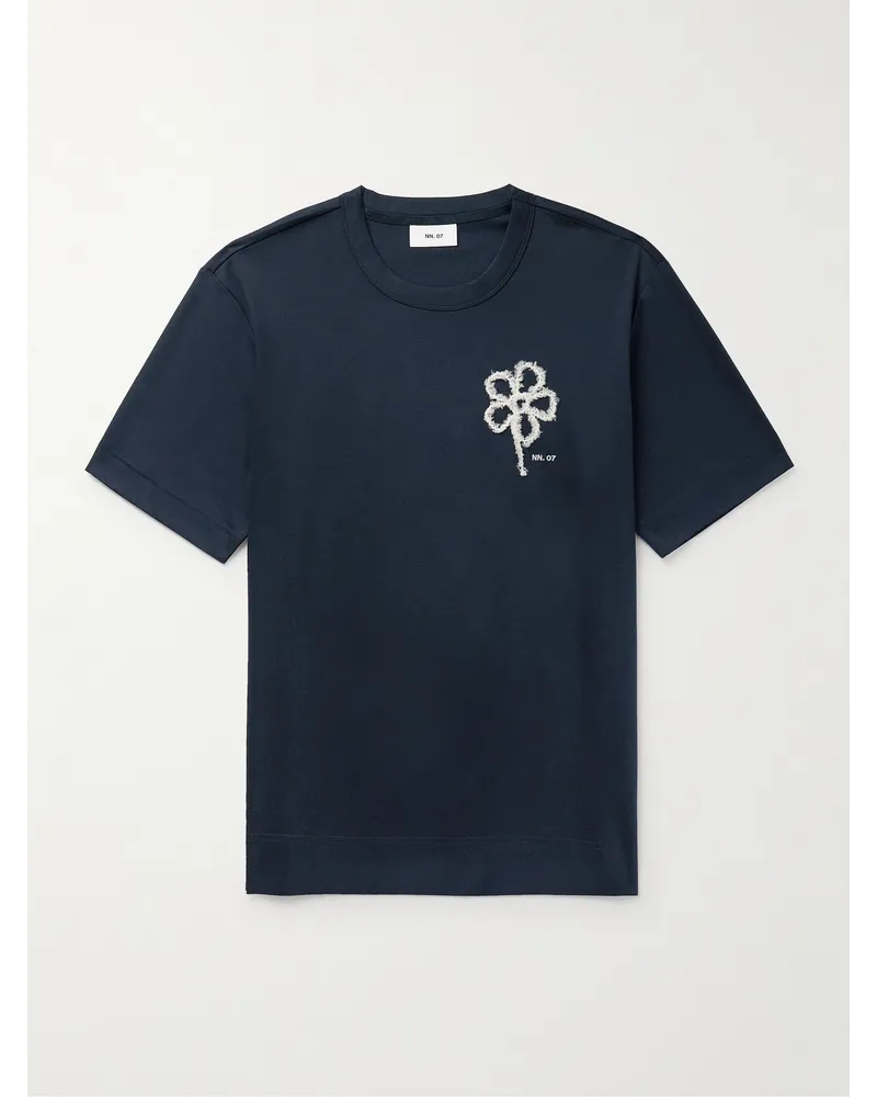 NN 07 T-shirt in jersey di cotone biologico mercerizzato con ricamo Pedro 3525 Blu