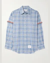 Thom Browne Camicia oversize in lino a quadri con finiture in gros-grain e logo applicato Blu