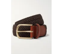 Cintura in cotone stretch intrecciato con finiture in pelle, 3,5 cm