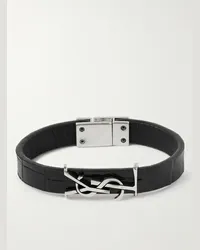 Saint Laurent Bracciale in pelle effetto coccodrillo e metallo argentato Cassandre Nero