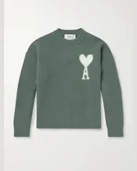 AMI Paris Pullover in misto alpaca con logo a intarsio Verde