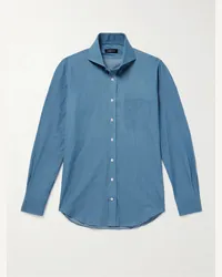 Thom Sweeney Camicia in chambray di cotone con collo alla francese Blu