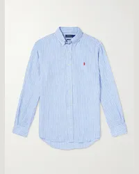 Ralph Lauren Camicia in lino a righe con collo button-down e logo ricamato Blu