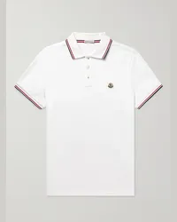 Moncler Polo in cotone piqué con righe e logo applicato Bianco