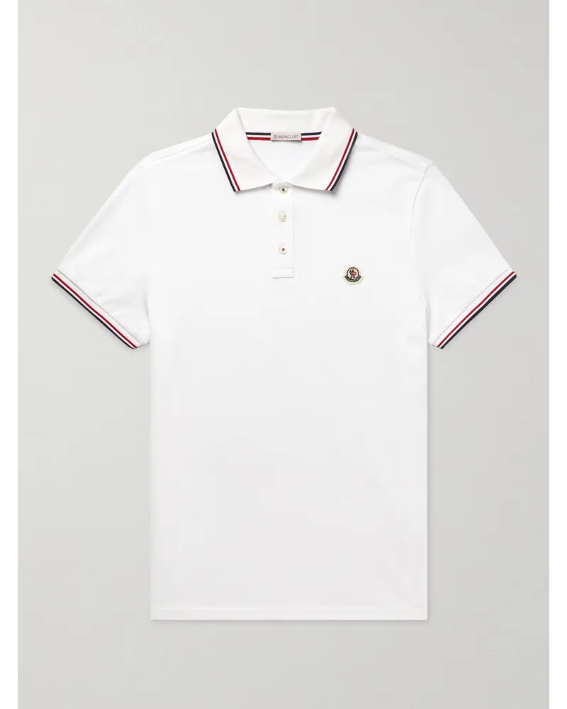 Moncler Polo in cotone piqué con righe e logo applicato Bianco