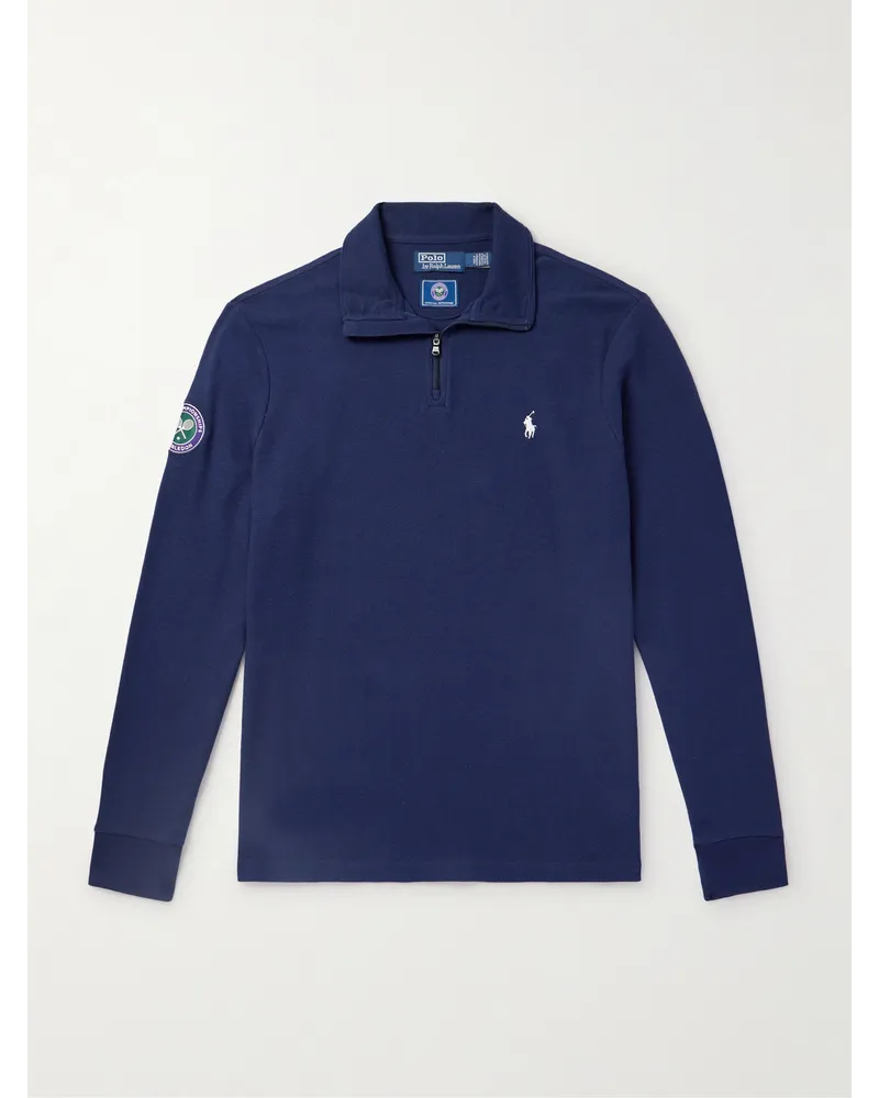 Ralph Lauren Wimbledon Pullover in cotone piqué con logo ricamato, applicazione e mezza zip Blu