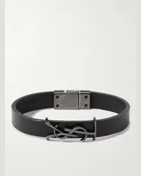 Saint Laurent Bracciale in pelle e metallo argentato Opyum Nero