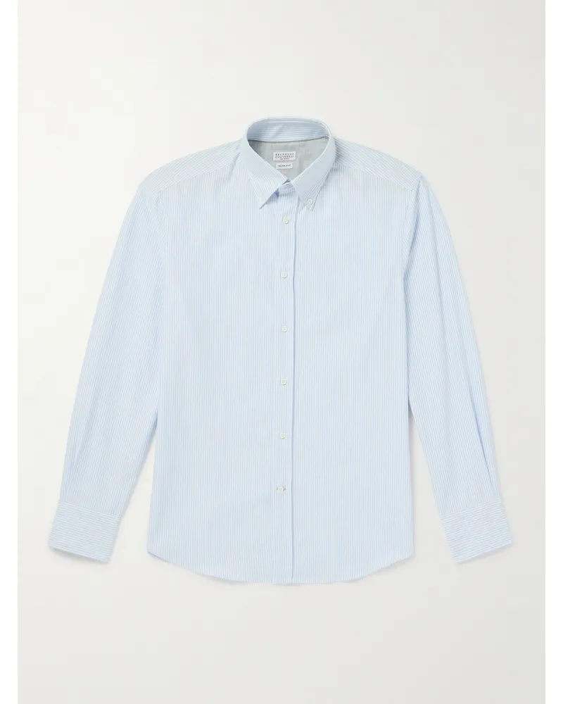 Brunello Cucinelli Camicia in cotone Oxford a righe con collo button-down Blu