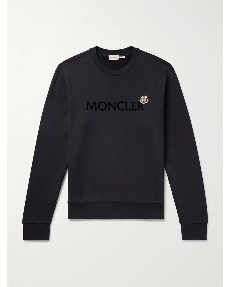 Moncler Felpa in jersey di cotone con logo floccato e applicazione Blu