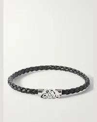 Alexander McQueen Bracciale in pelle intrecciata e metallo argentato Argento