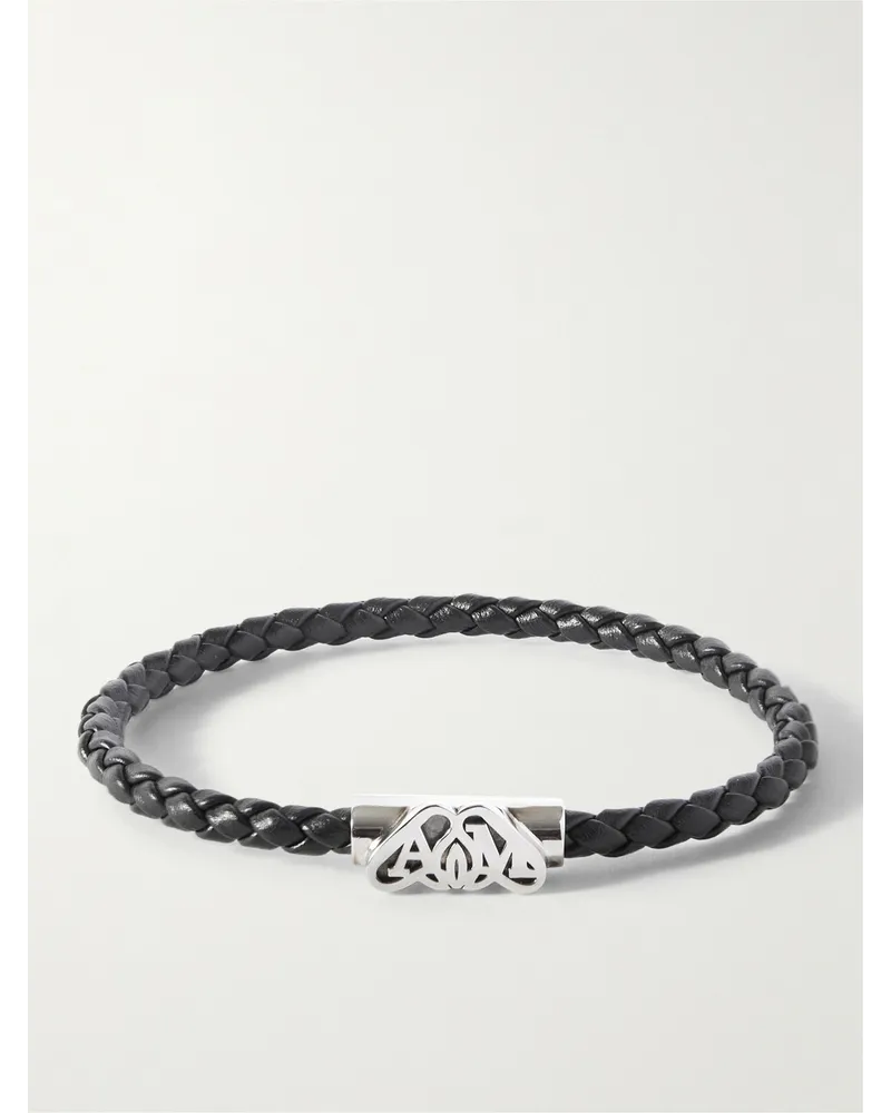 Alexander McQueen Bracciale in pelle intrecciata e metallo argentato Argento