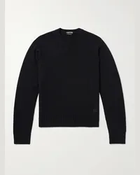 Tom Ford Pullover slim-fit in cashmere spazzolato con logo ricamato Nero