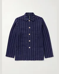 Drake's Overshirt gessata in lino Blu