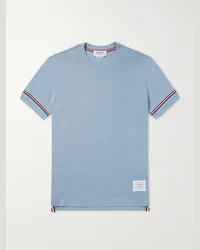 Thom Browne T-shirt in cotone con righe e logo applicato Blu