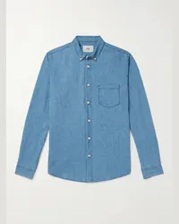 Folk Camicia in chambray di misto lino e cotone con collo button-down Blu