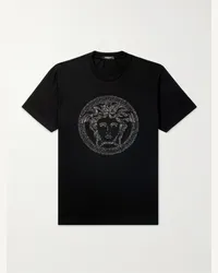 Versace T-shirt in jersey di cotone con logo ricamato e cristalli Nero