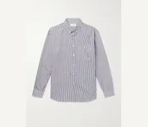 Monogram Button-Down Collar Striped Cotton-Poplin Shirt