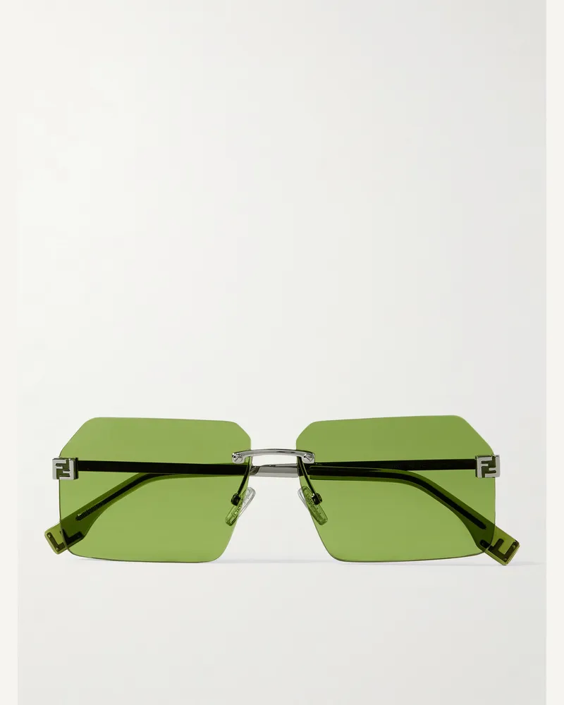 Fendi Occhiali da sole in metallo argentato con montatura a giorno quadrata Verde