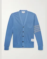 Thom Browne Cardigan in cotone piqué con righe e logo applicato Blu