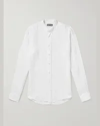 Canali Camicia in garza di lino con collo alla coreana Bianco