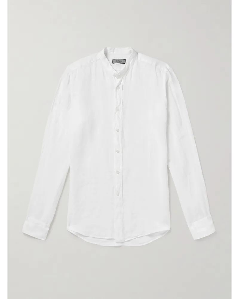 Canali Camicia in garza di lino con collo alla coreana Bianco