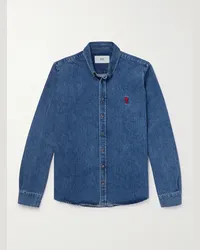 AMI Paris Camicia in denim con collo button-down e logo ricamato ADC Blu