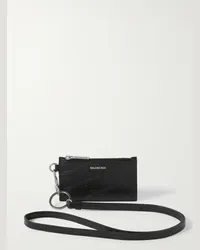 Balenciaga Logo-Debossed Leather Zipped Cardholder with Lanyard Nero