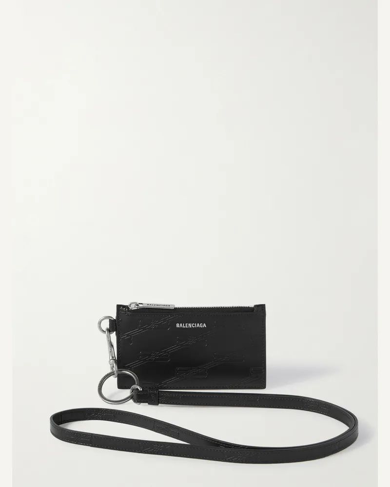 Balenciaga Logo-Debossed Leather Zipped Cardholder with Lanyard Nero