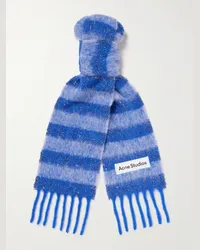 Acne Studios Sciarpa in misto alpaca Donegal a righe con logo applicato e frange Blu