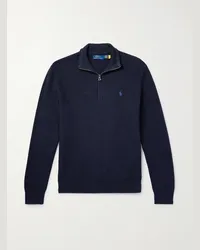 Ralph Lauren Pullover in cotone a nido d'ape con logo ricamato e mezza zip Blu