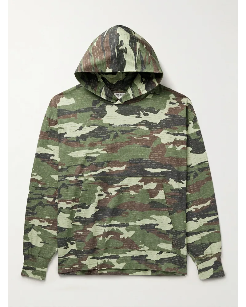 Acne Studios Felpa in jersey di cotone con stampa camouflage, cappuccio e cristalli Franklin Verde