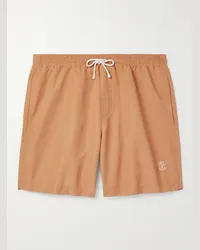 Brunello Cucinelli Shorts da mare medi a gamba dritta con logo ricamato Arancione