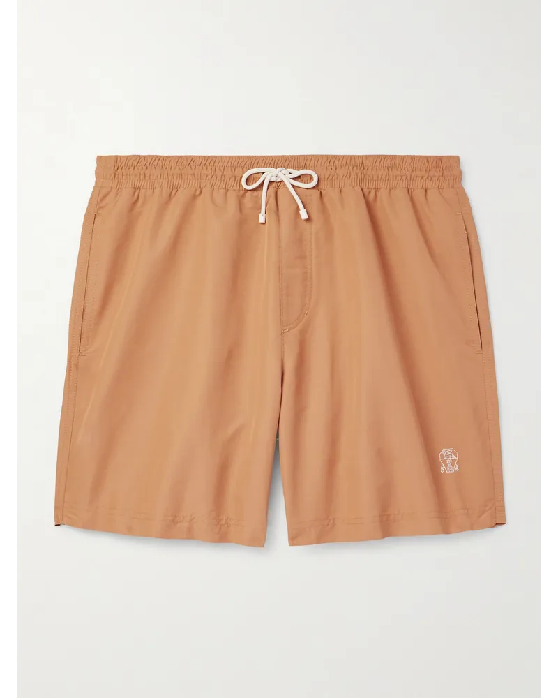 Brunello Cucinelli Shorts da mare medi a gamba dritta con logo ricamato Arancione