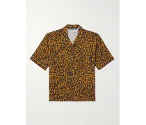 Camicia in misto cotone e lino con stampa ghepardo e colletto aperto