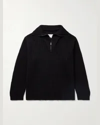 Maison Margiela Pullover in misto lino e lana a coste con mezza zip Nero