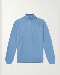 Ralph Lauren Pullover in cotone a nido d'ape con logo ricamato e mezza zip Blu