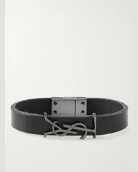 Saint Laurent Logo-Embellished Silver-Tone and Leather Bracelet Nero