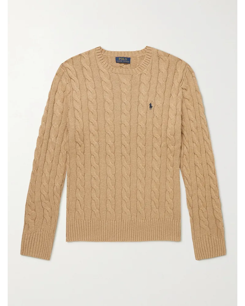 Ralph Lauren Logo-Embroidered Cable-Knit Cotton Sweater Neutri