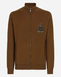 Dolce & Gabbana Felpa Con Zip Maglia Lana E Cashmere Patch Dg - Uomo Maglieria Marrone Lana Cacao