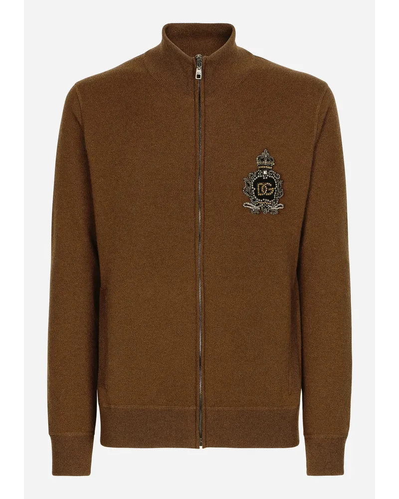 Dolce & Gabbana Felpa Con Zip Maglia Lana E Cashmere Patch Dg - Uomo Maglieria Marrone Lana Cacao